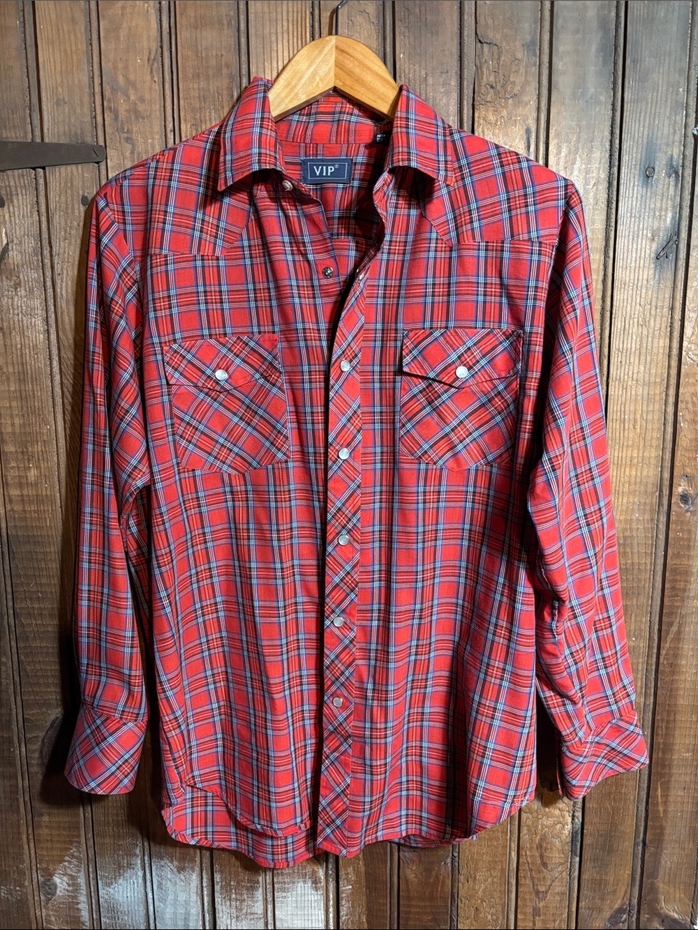 Vintage Western VIP Red & Blue Plaid Long-Sleeve Snap Down Shirt